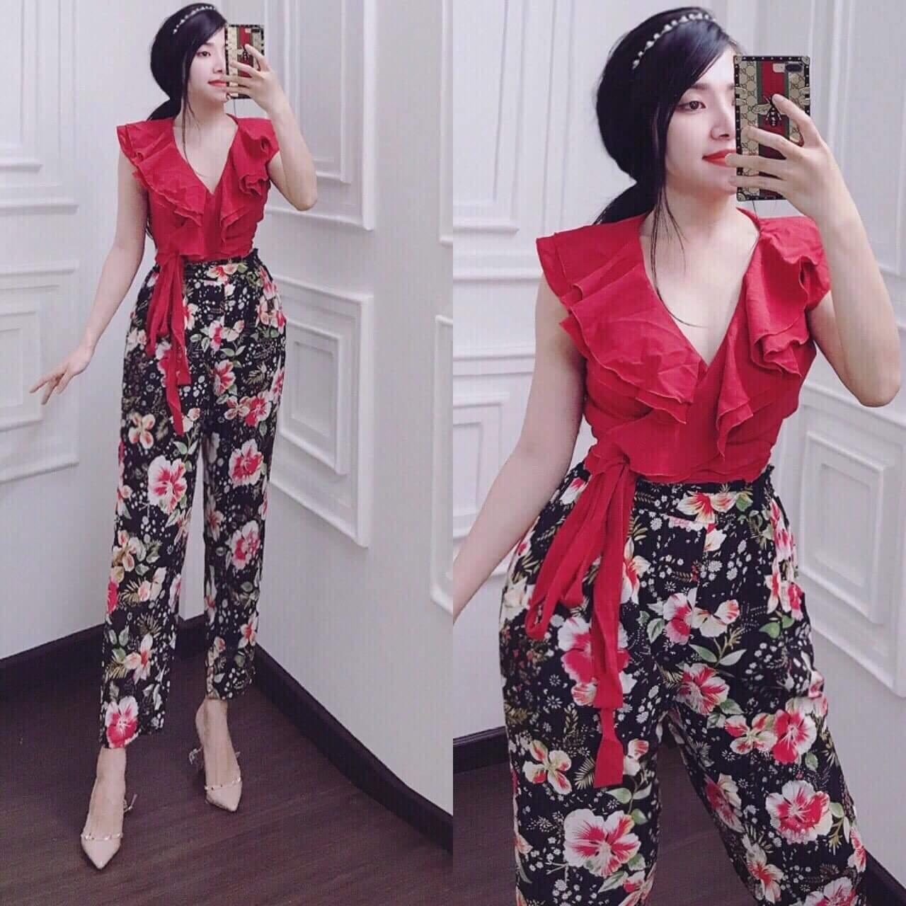 Set áo bèo cánh tiên quần hoa thiết kế