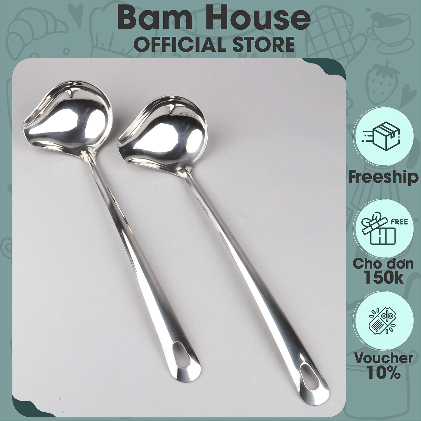 Vá mỏ vịt đa năng inox 304 loại dày Bam House có vòi rót tiện lợi cao cấp VMV04 – Vá có mỏ, Vá có miệng rót, Muôi nước sốt