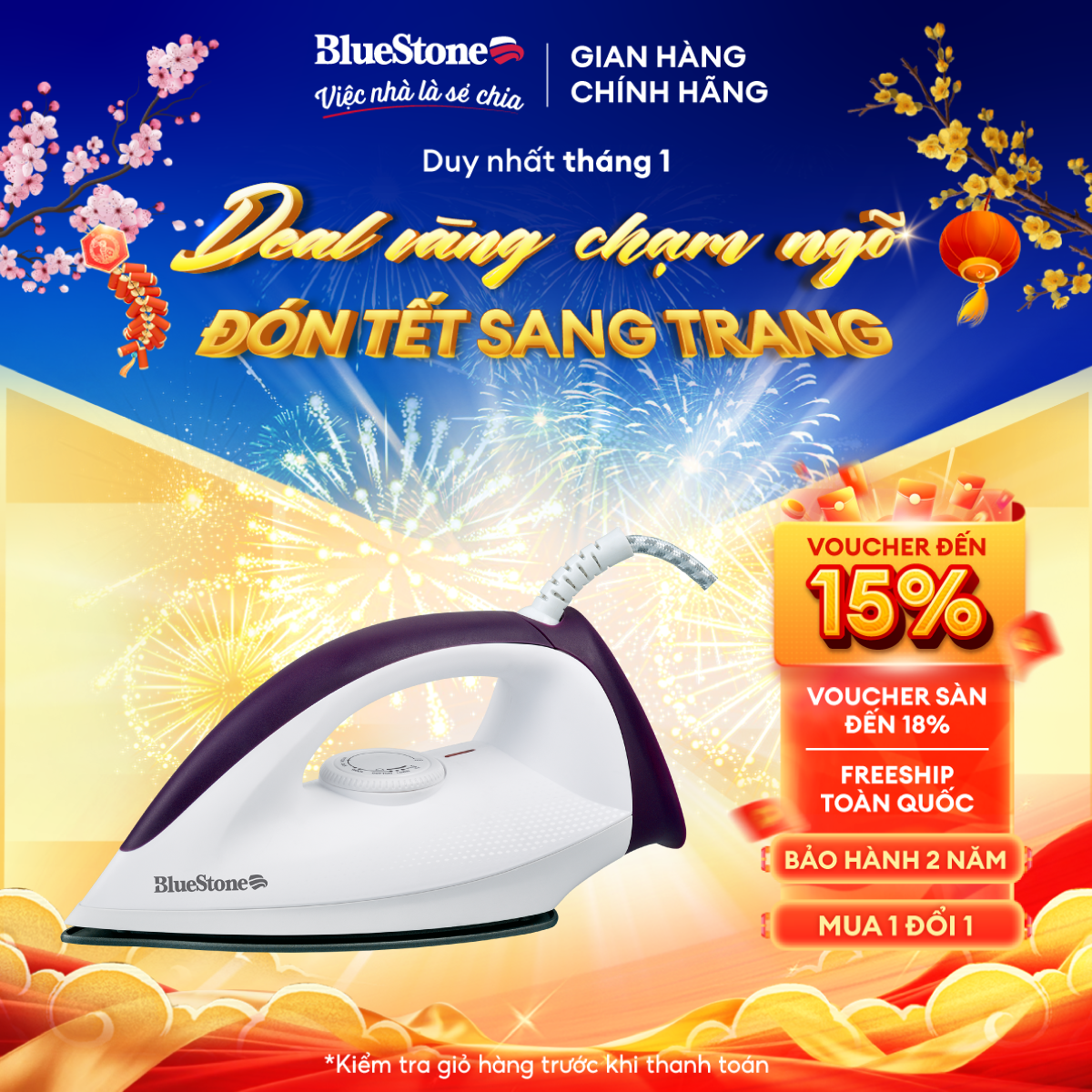 Bàn Ủi Khô BlueStone DIB-3726 - Công suất 1000W-1300W - Mặt đế chống dính - Nhiệt độ nhiều mức nhiệt độ - Bảo hành 2 năm - Hàng Chính hãng