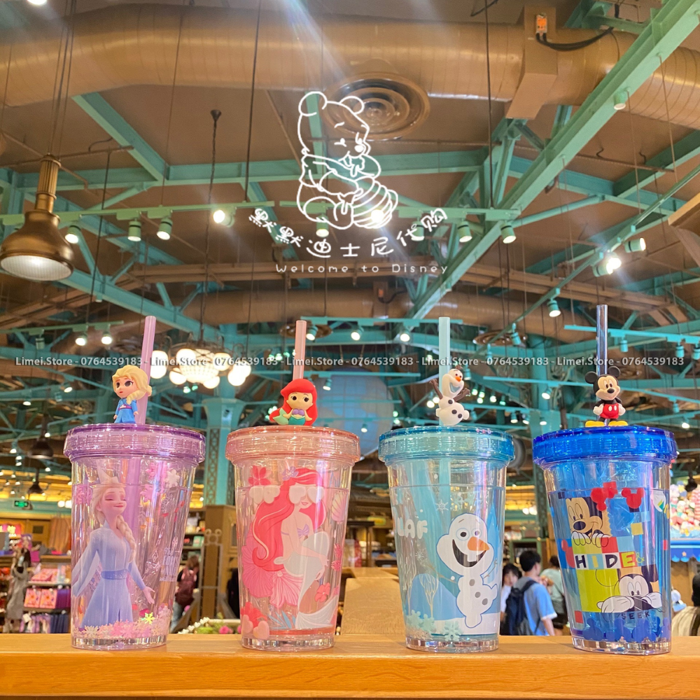 [𝓛𝓲𝓶𝓮𝓲.𝓢𝓽𝓸𝓻𝓮] Ly uống nước 2 lớp kim sa ống hút hình Frozen Car Olaf Princess Mickey cho trẻ em bé trai gái