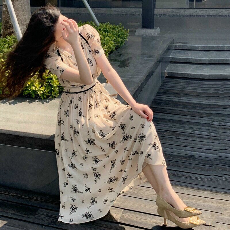 ĐẦM HOA NHÍ HÀN QUỐC, ĐẦM TAY PHỒNG, ĐẦM CỔ V THANH LỊCH, ĐẦM MAXI HOA DÁNG DÀI XINH XẮN