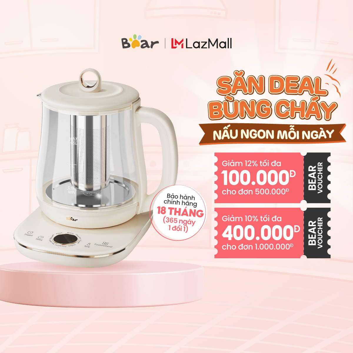 Ấm đun trà siêu tốc 1.5L Bear YSH-E15M1 (có lõi lọc trà) - 8 chế độ - Hàng Chính Hãng - Bảo Hành 18 Tháng