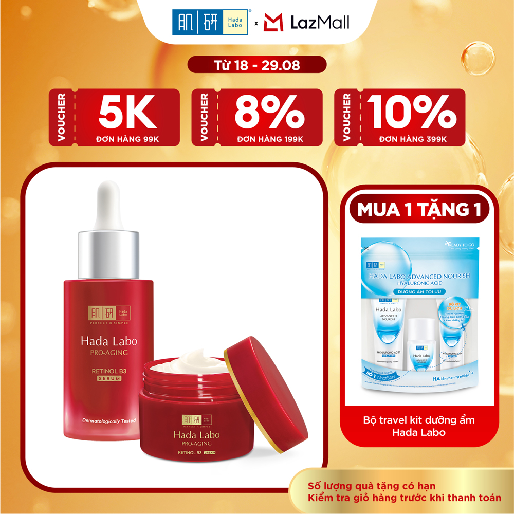 [VB] Bộ đôi dưỡng da cải thiện lão hóa toàn diện Hada Labo Pro-Aging Retinol B3 (Serum 30mL + Kem dưỡng 50g)