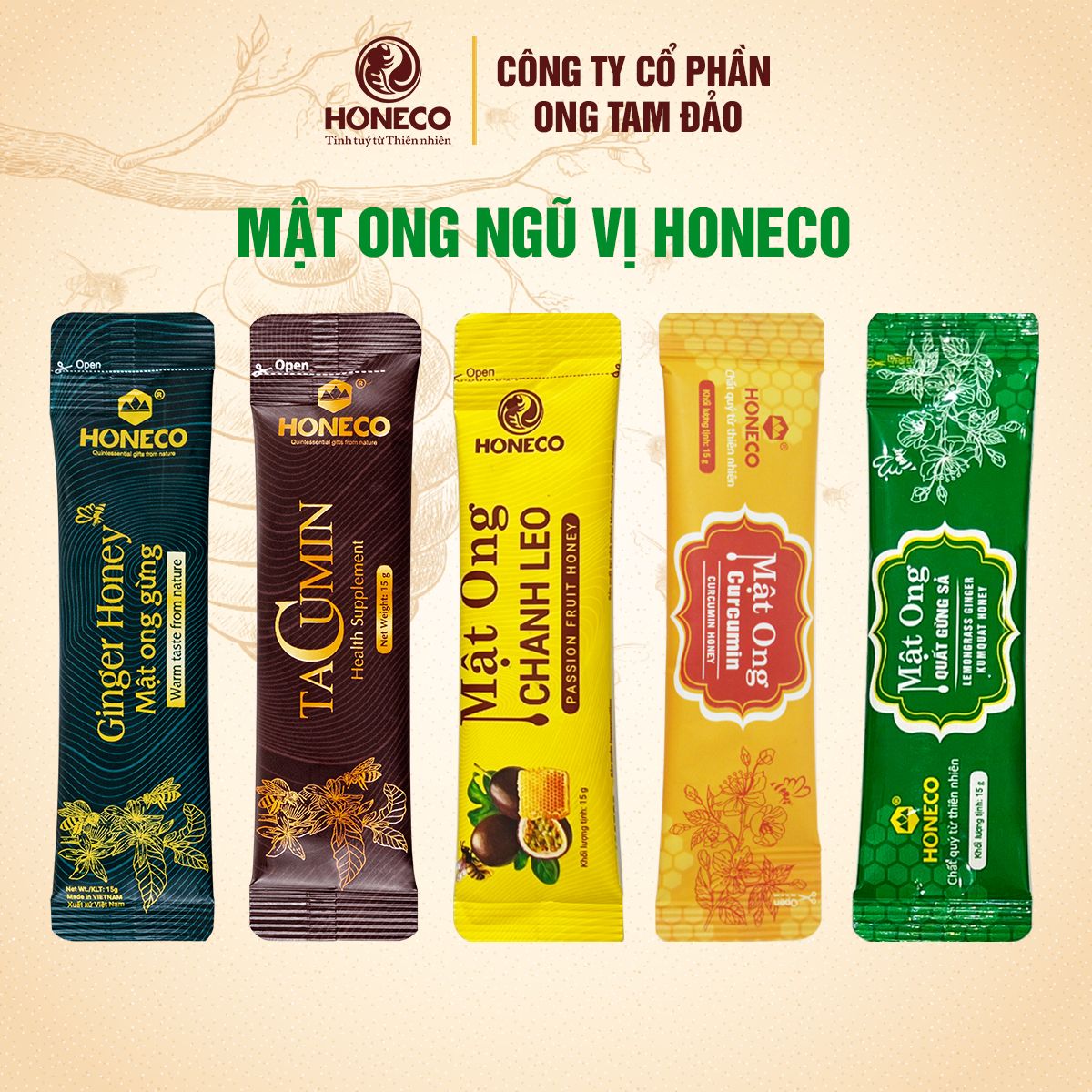 Mật ong Ngũ Vị HONECO, Tacumin, Mật ong Curcumin, Mật ong quất gừng sả, Mật ong gừng, Mật ong chanh leo, gói stick 15g