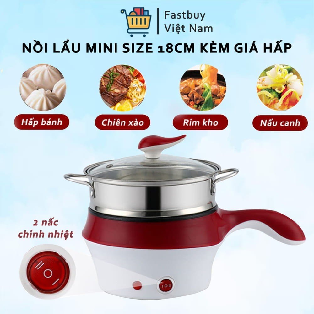 Nồi Lẩu Mini Đa Năng Tay Cầm Dài Tặng Kèm Giá Hấp Fashion Size 18cm, Nồi Lẩu Chảo Điện Cầm Tay Mini Đa Chức Năng