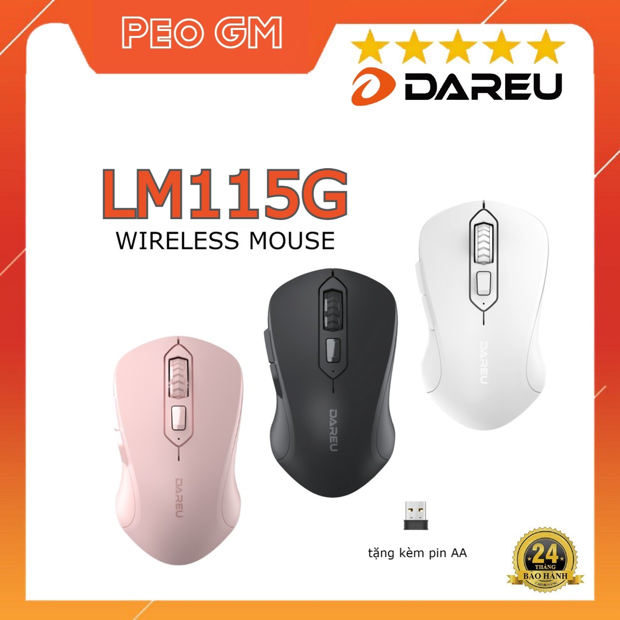 Chuột không dây DAREU LM115G  - WHITE / Pink / Black