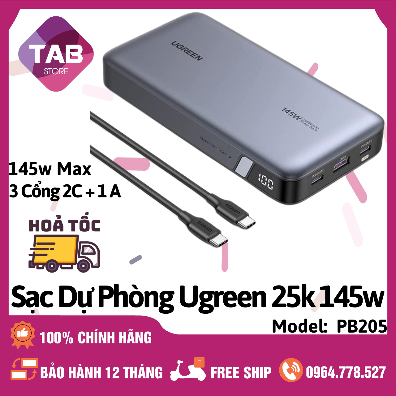 Sạc Dự Phòng UGREEN 25000mAh 145W 3 Cổng PB205 Chính Hãng - Bảo Hành 12 Tháng