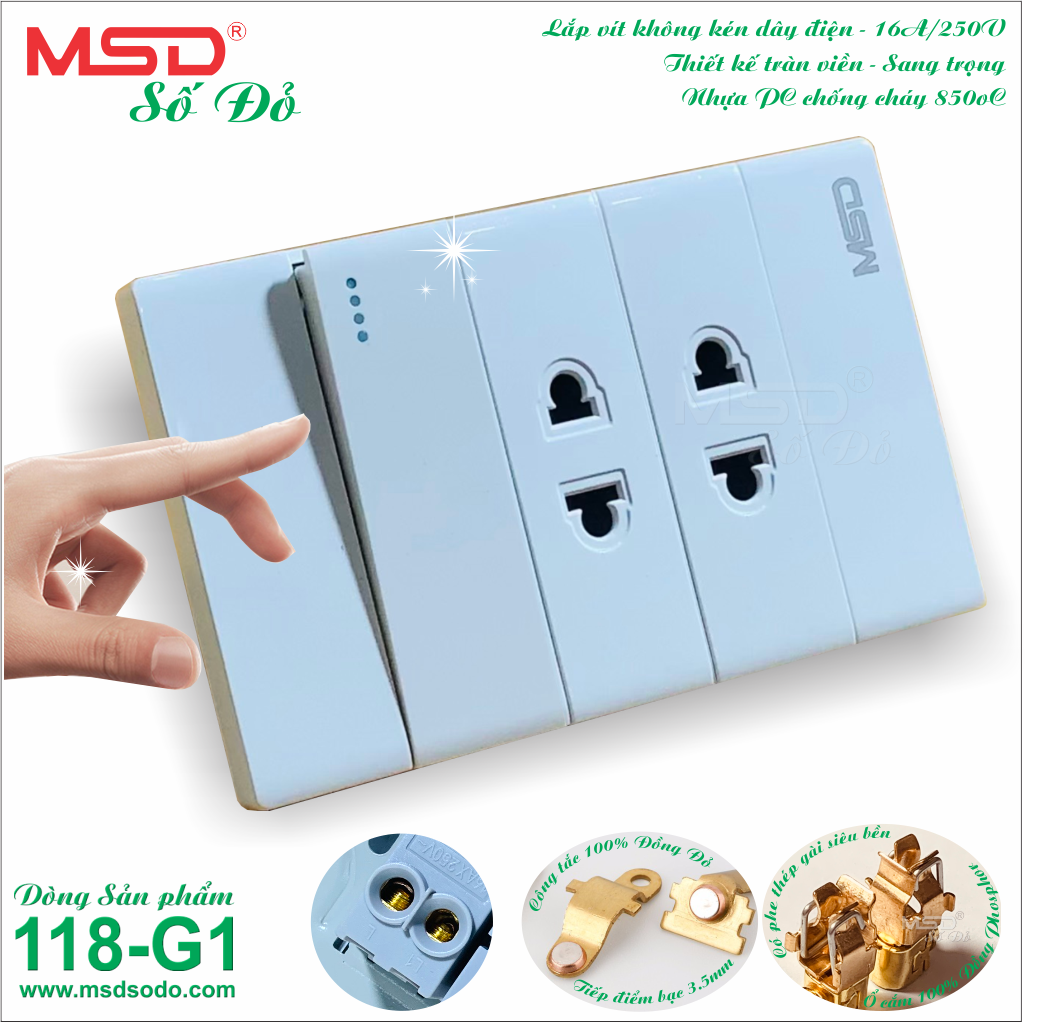 Công tắc đơn + 2 ổ cắm 2 chấu 15a/250v có màn che