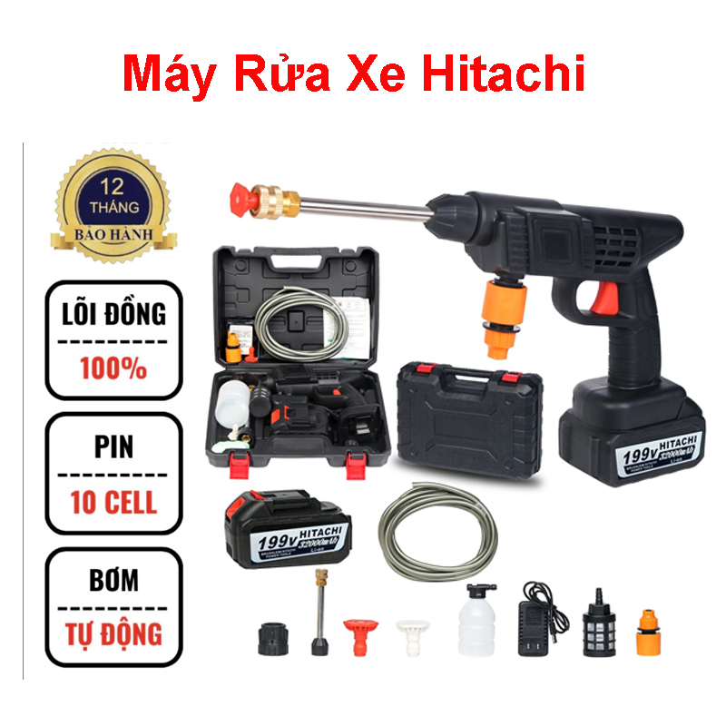 Máy Rửa Xe Hitachi 2 PIN 199V Cầm Tay Không Dây Áp Lực Cao Cho Mọi Loại Xe 2 PIN 199V 30000mAH Công Suất 1400W