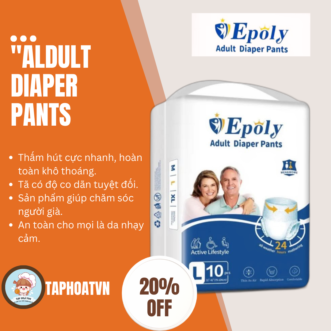 Tã Quần/Tã Dán Người Lớn EPOLY 40 Miếng Size M/L/XL cho người từ 35-80kg Co Giãn Tốt, Siêu Mềm Mại, Giá thành rẻ.