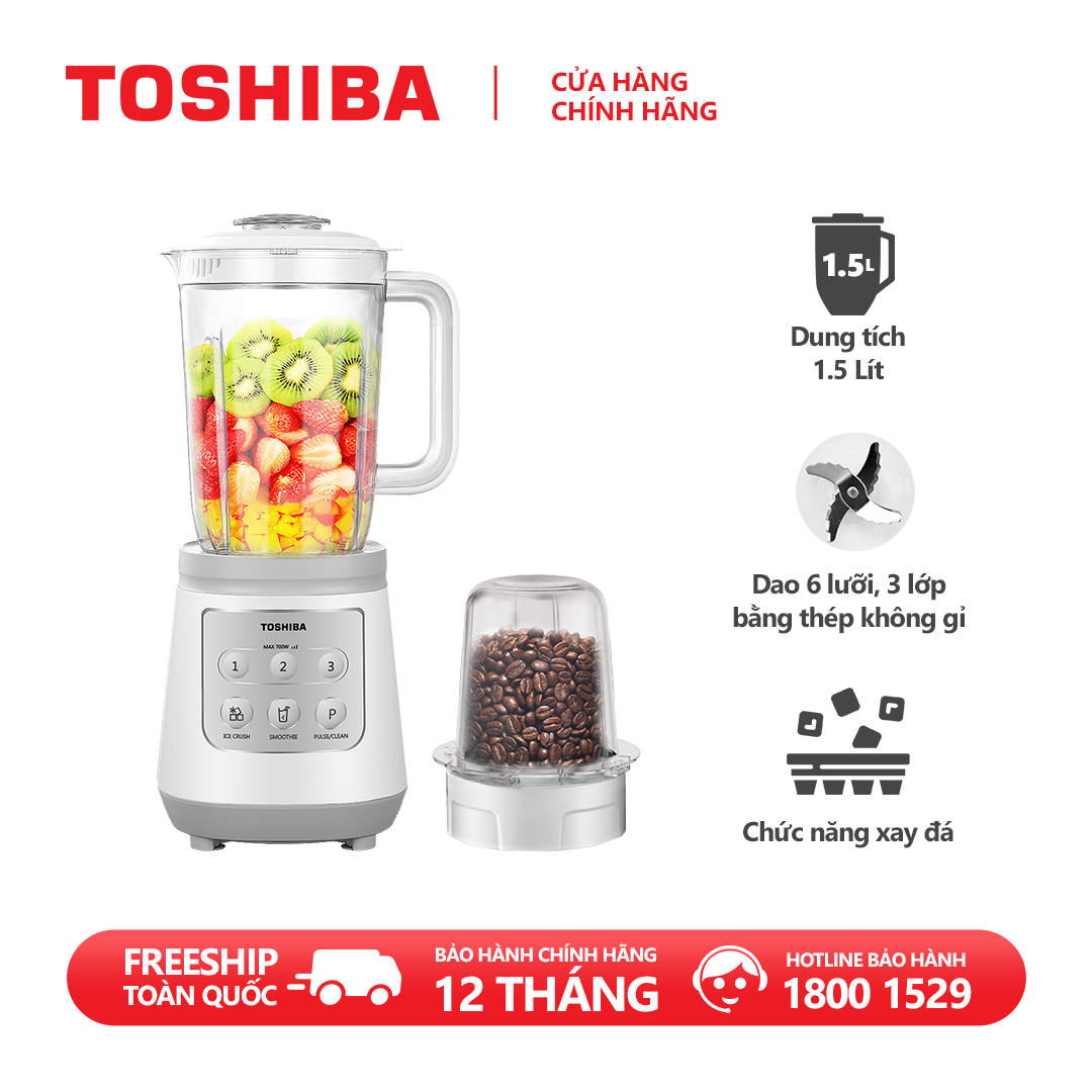Máy xay sinh tố Toshiba BL-70PR1NV - Dung tích 1.5L - 2 cối - Chức năng xay đá- Công suất 700W - Hàng chính hãng, bảo hành 12 tháng, chất lượng Nhật Bản