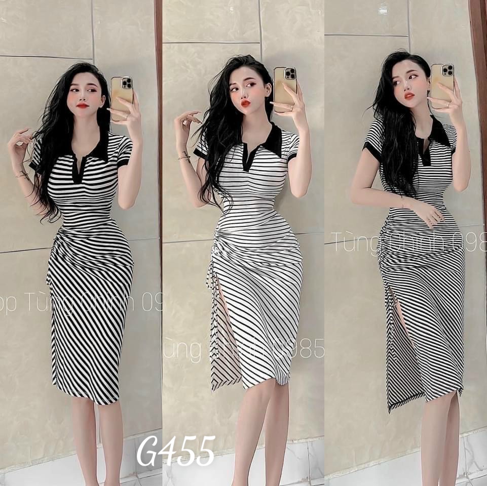 Đầm thun cổ trụ kẻ sọc ngang xoắn eo một bên Chất thun gân G455