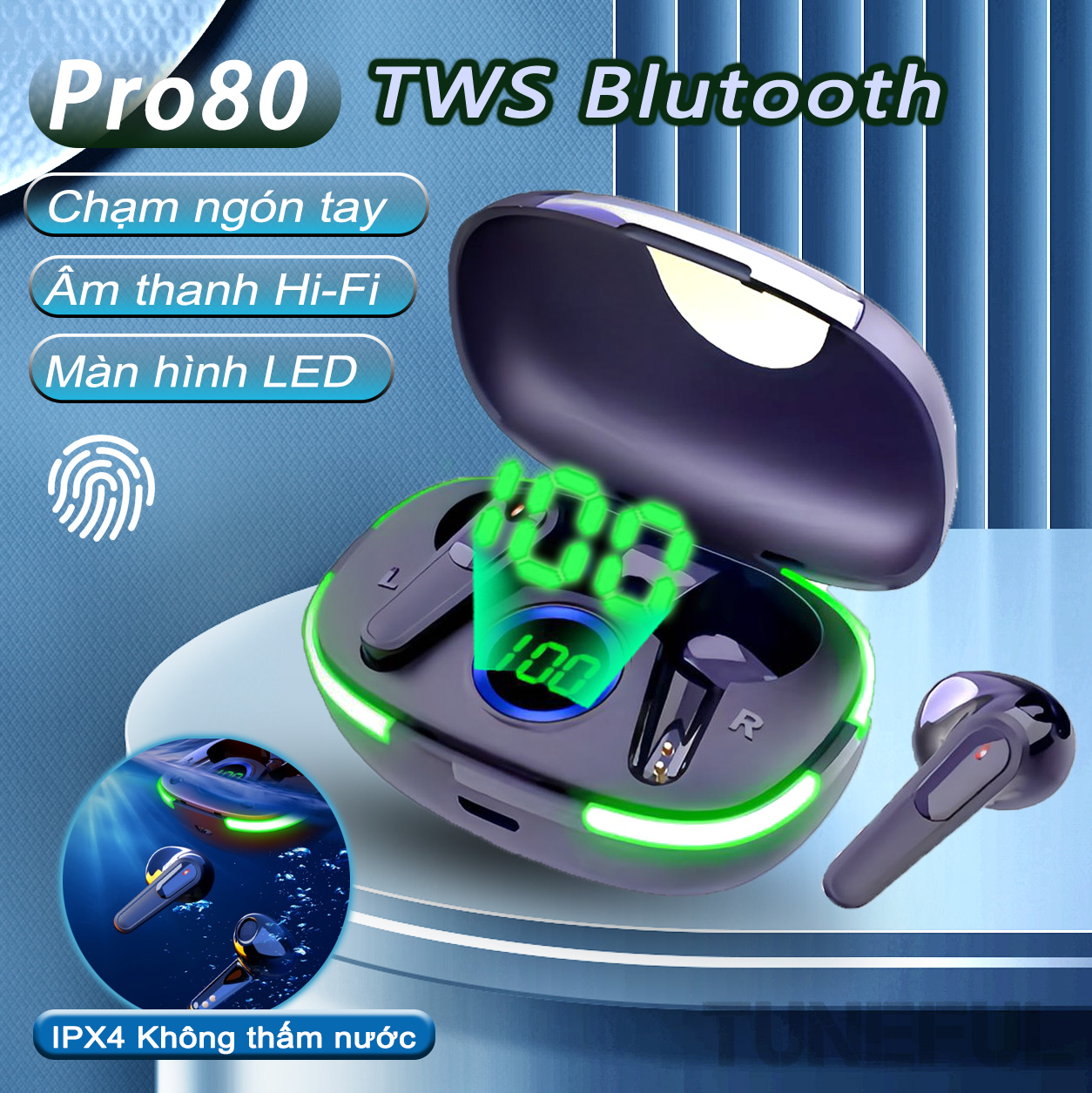 Tuneful tai nghe bluetooth không dây tws pro 80 có mic tai nghe hiển thị led tai nghe không dây tai nghe bluetooth fone