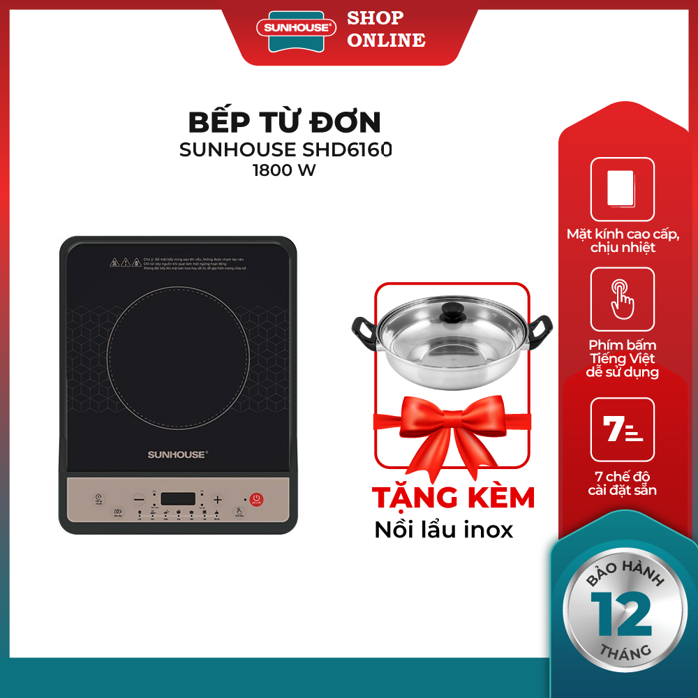 Bếp điện từ đơn Sunhouse SHD6160 - Bếp từ cơ sunhouse - Bếp lẩu Sunhouse - tặng nồi lẩu inox - Bảo hành 12 tháng
