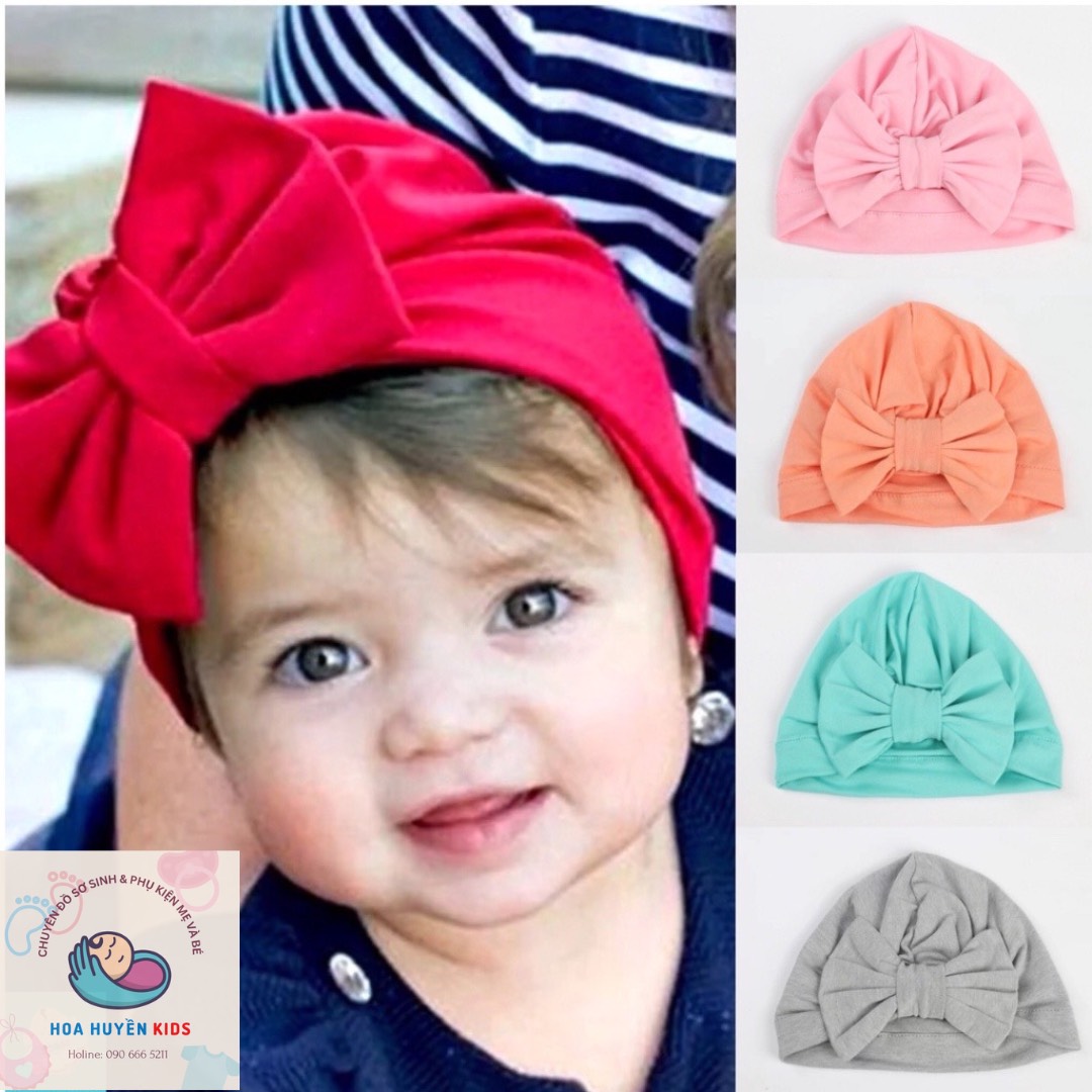 Mũ tuban bé gái - nón tuban nơ mềm bé sơ sinh 0-24 tháng