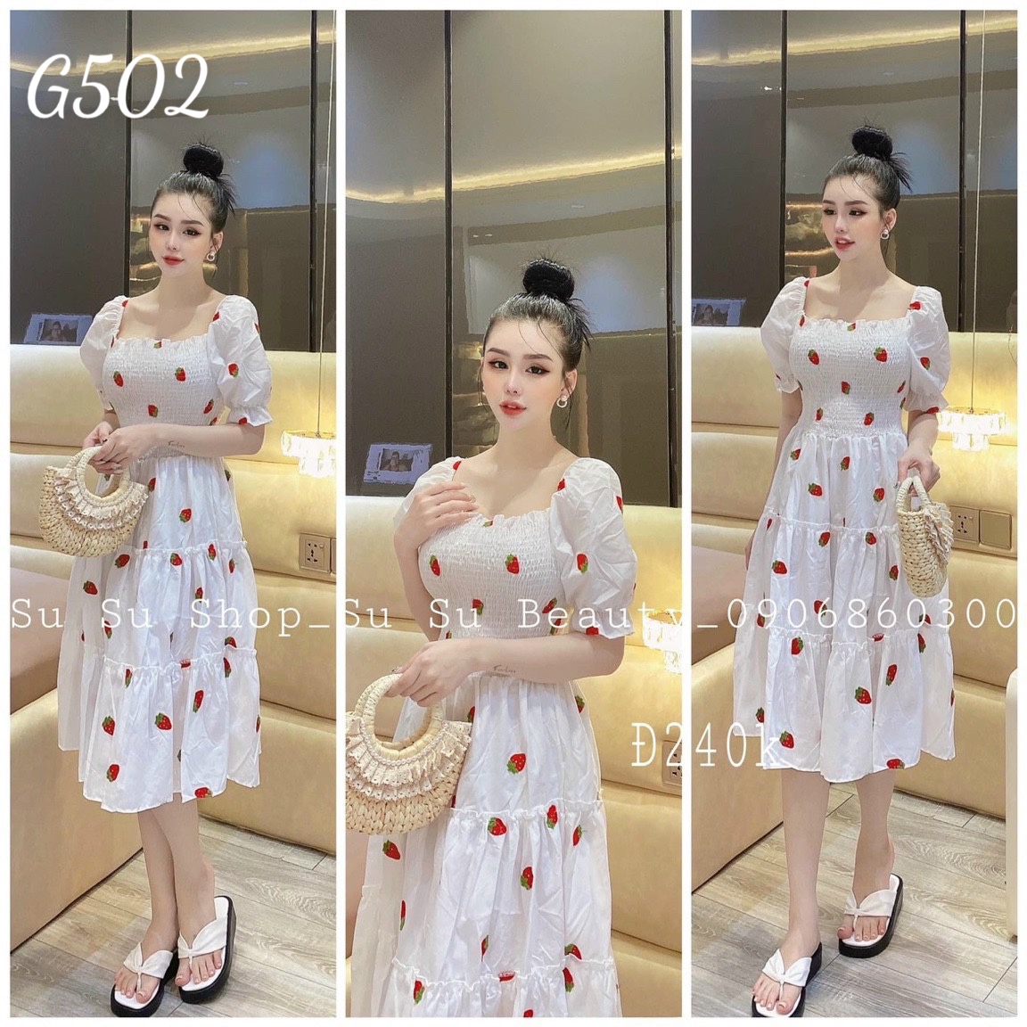 Đầm xoè trễ vai trái cây voan lụa G502