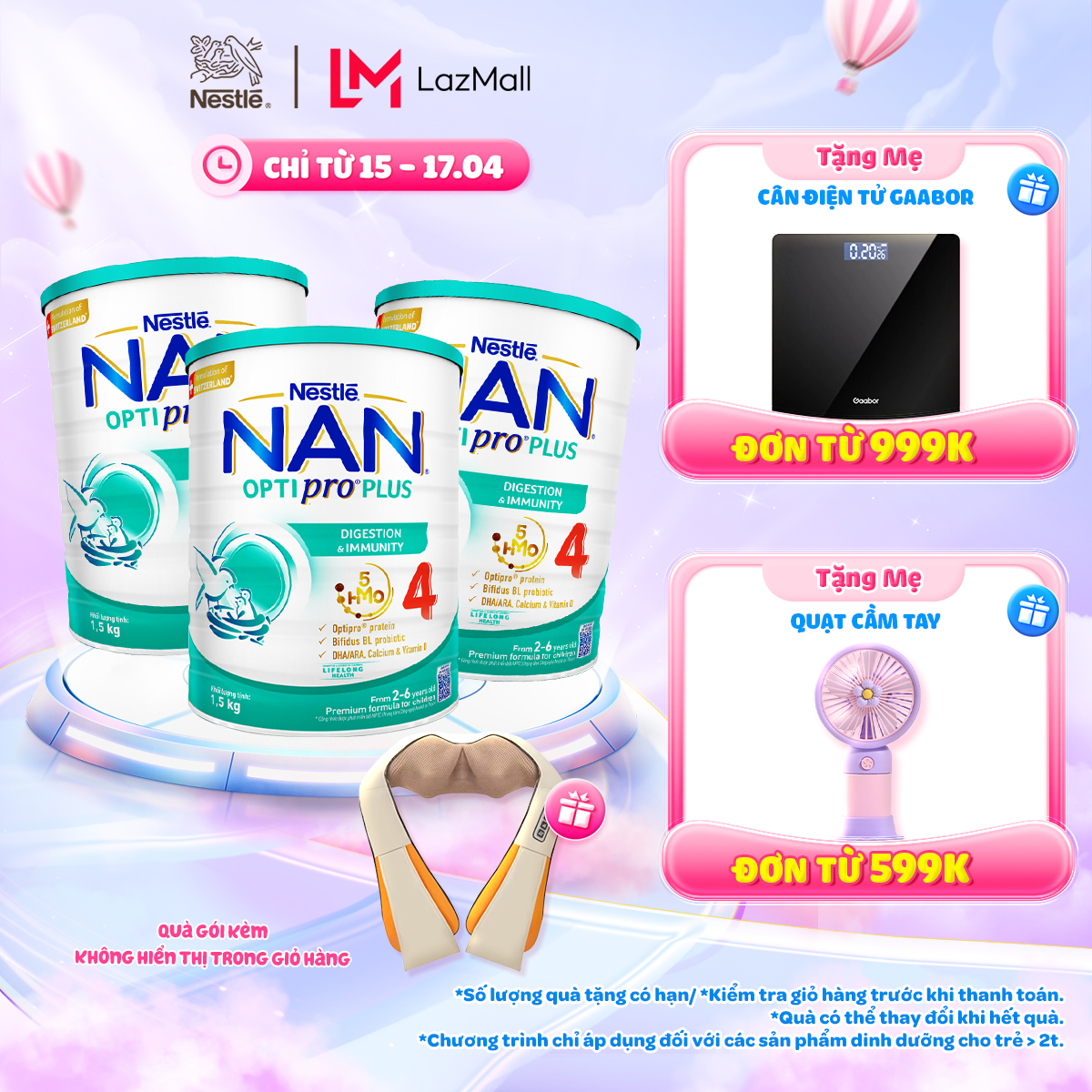 [CHỈ 15-17/4 QUÀ TẶNG MỌI ĐƠN HÀNG SLCH] [Tặng Máy massage lưng vai gáy] Bộ 3 Lon Sữa bột Nestlé NAN OPTIPRO PLUS 4 với 5HMO xuất xứ Thụy Sĩ - Hộp 1500g cho bé từ 2 - 6 tuổi - Sữa công thức dinh dưỡng cho trẻ giúp hỗ trợ tiêu hóa, đề kháng, trí não