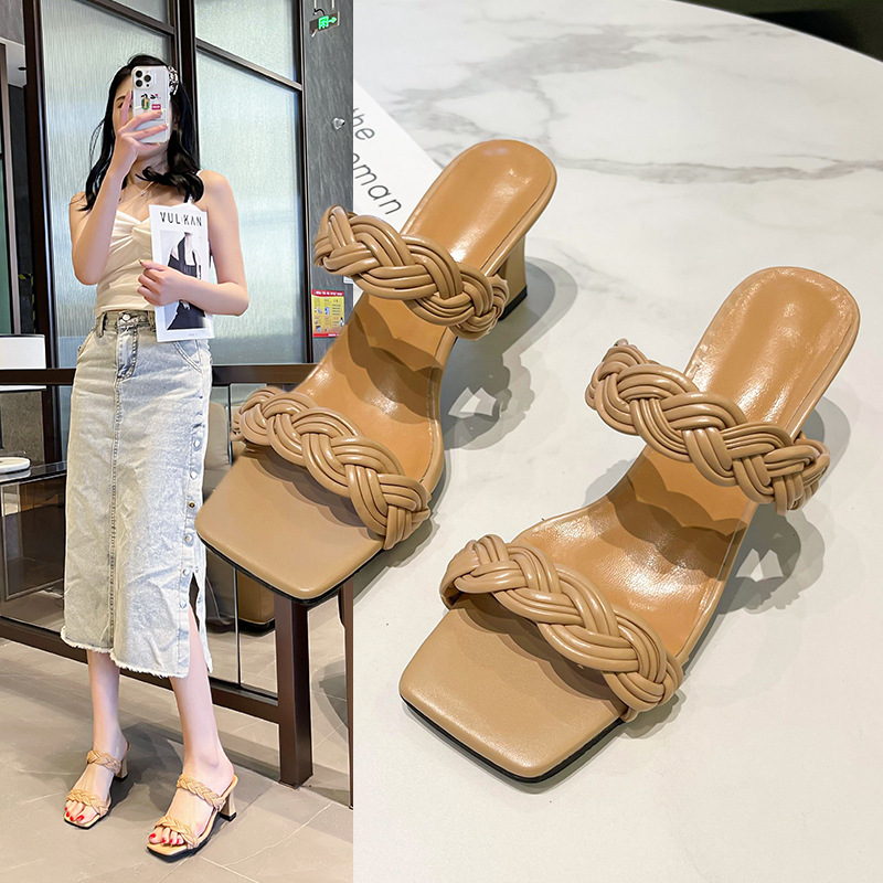【CW】 Women's High Heel Slippers 2022 Summer New Woven One-Strap Outerwear Fashion European and American Style plus Size 41 42 Solid Color