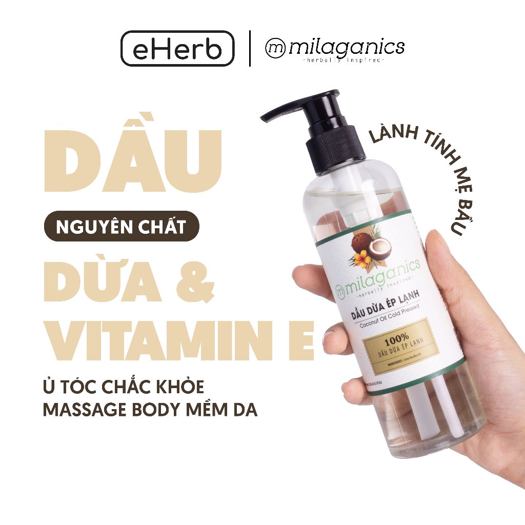 Dầu dừa nguyên chất dưỡng mi ép lạnh tinh khiết milaganics, dầu dừa dưỡng tóc dưỡng da organic 250ml - eherb