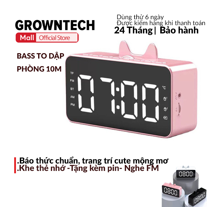 Loa bluetooth không dây GrownTech Q9 màn hình tráng gương kết hợp đồng hồ tai mèo dễ thương