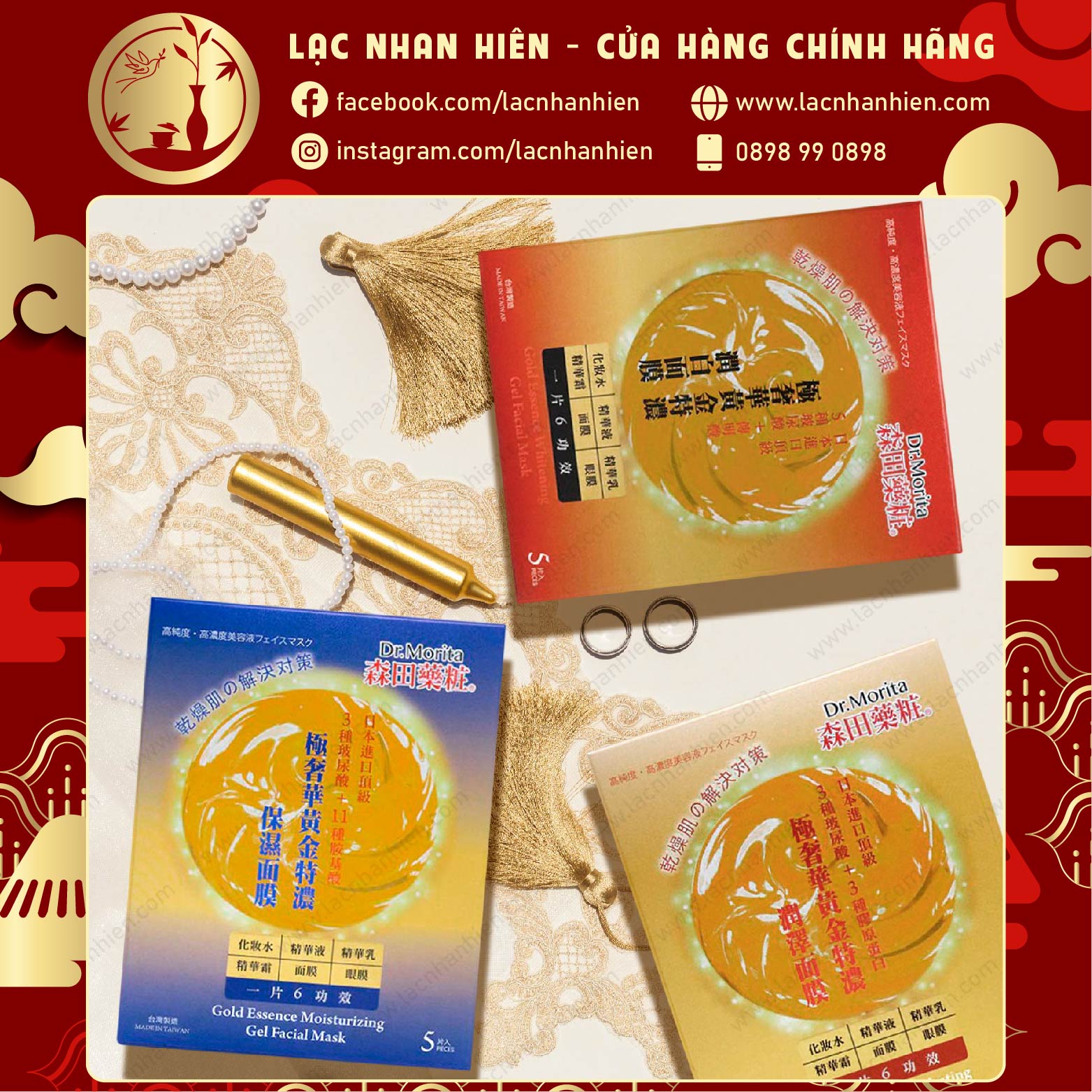 Hộp 05 miếng mặt nạ tinh chất vàng dr.morita gold essence gel facial mask các loại