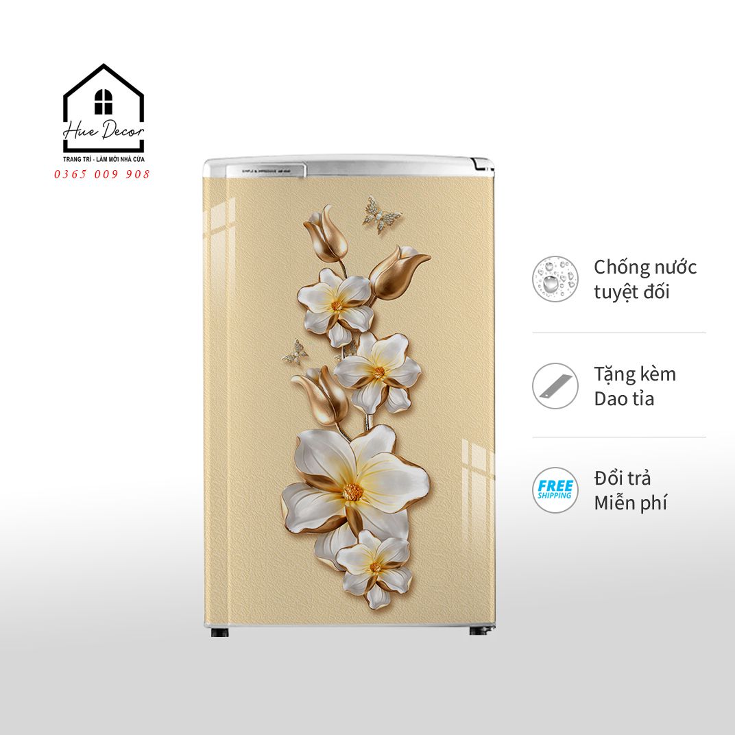 Decal dán tủ lạnh mini, giấy dán tủ lạnh mini hue decor họa tiết hoa lan vàng chống nước sẵn keo, siêu bền giá tốt, nhận thiết kế theo yêu cầu