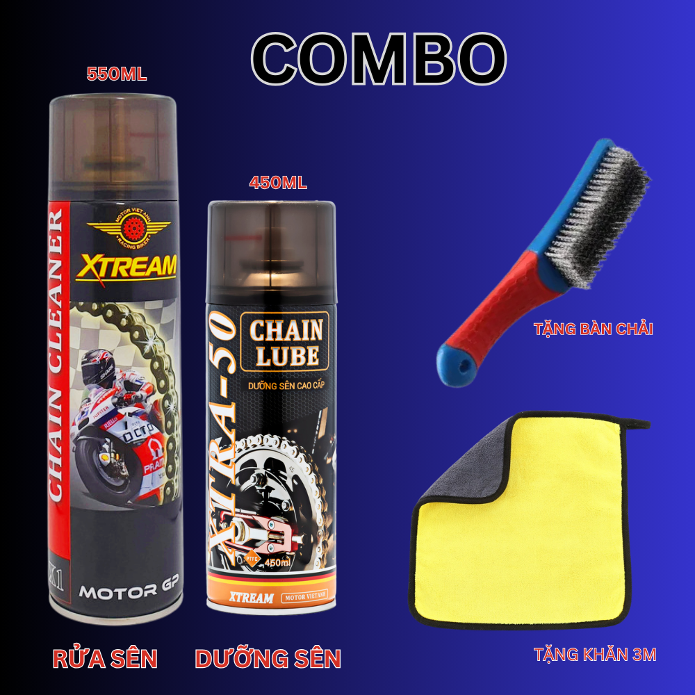 [CHỐNG VĂNG] combo XTREAM chai xịt dưỡng sên xe máy 450ml ,vệ sinh sên xe máy 550ml tặng bàn chải .