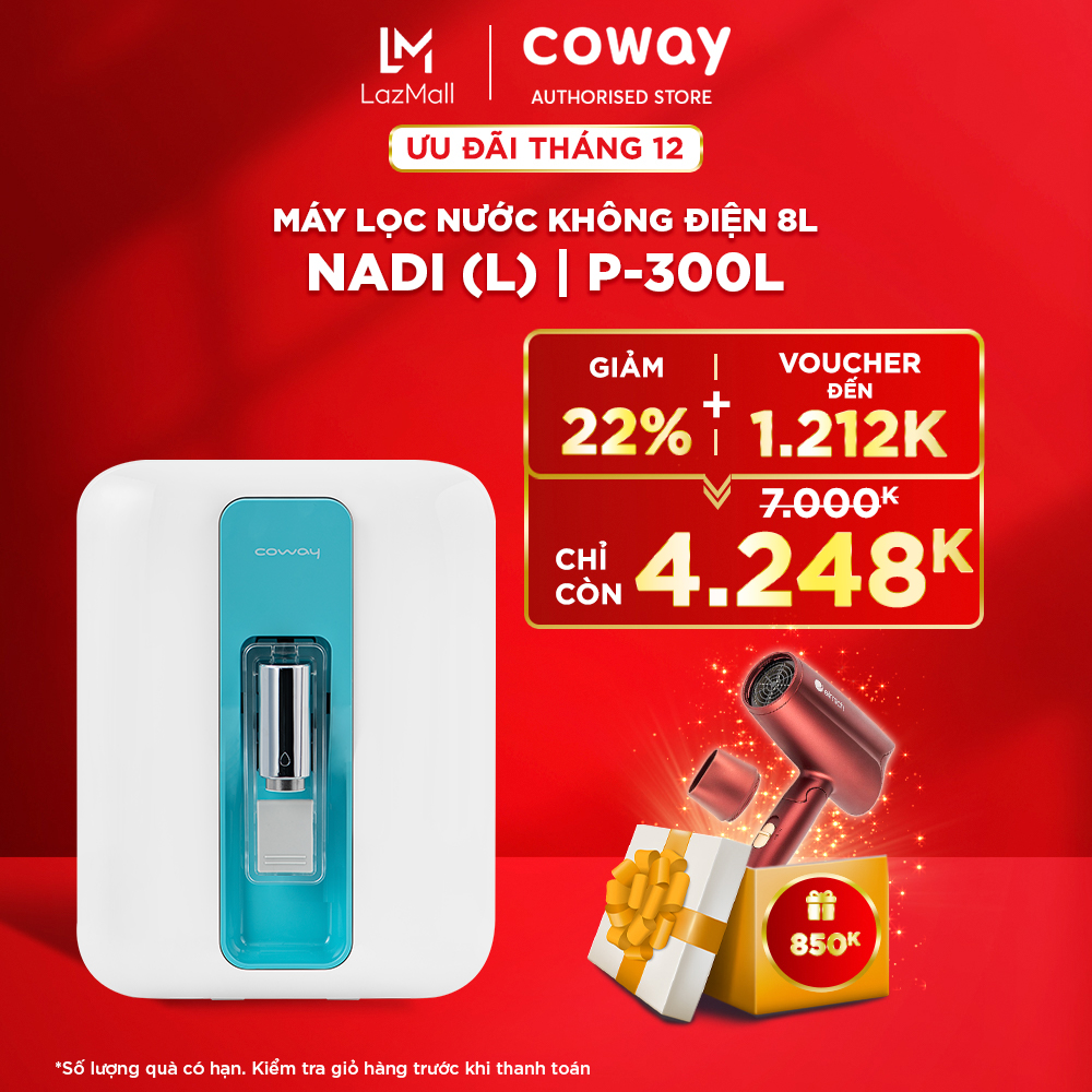 | Voucher đến 1212k | Freeship | Máy lọc nước Coway Nadi P-300L | Tự lọc nước uống gia đình, khử mùi tanh trong nước, không dùng điện