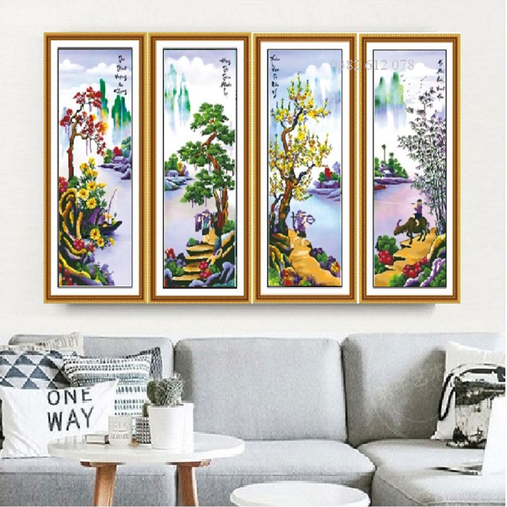 Tranh Thêu Chữ Thập Tứ Quý Xuân Hạ Thu Đông 3D