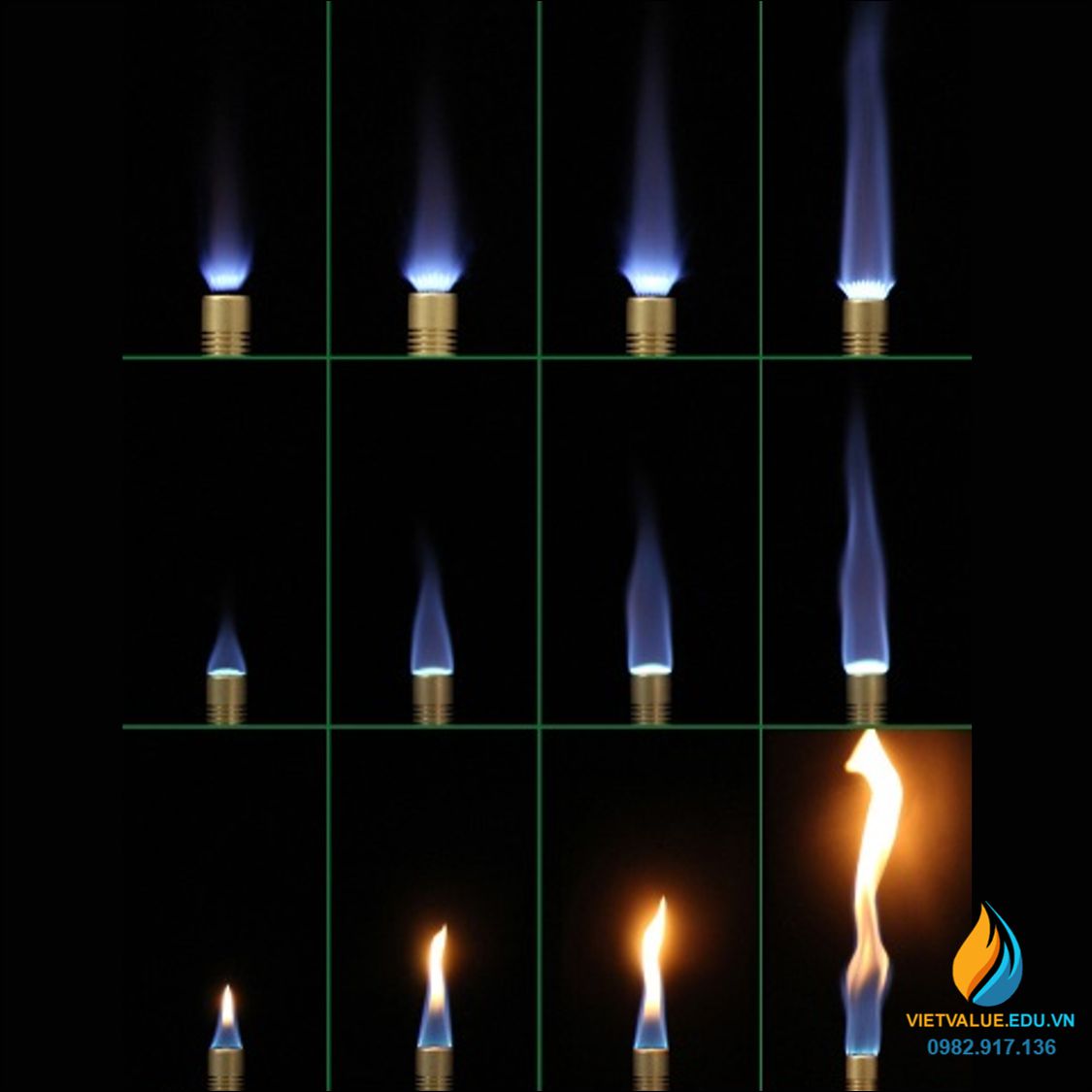 Đèn Bunsen đốt khí gas phòng thí nghiệm, có van nối liên với bình gas, ngọn lửa được điều chỉnh qua van