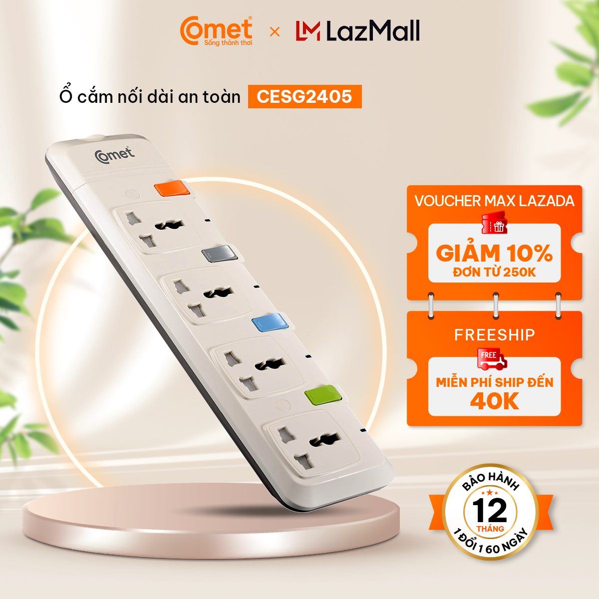 Ổ Cắm Nối Dài Comet CESG2405 nhựa ABS cao cấp dây 5m gồm 4 lỗ cắm 3 chấu tiêu chuẩn - Hàng Chính Hãng