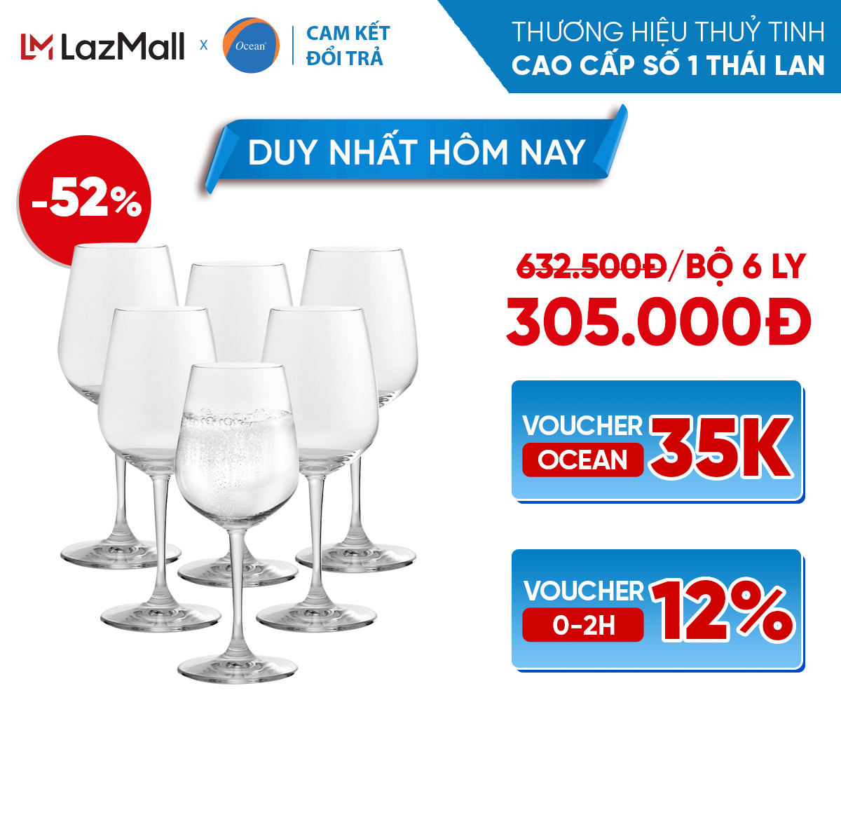 Bộ 6 ly/cốc rượu thủy tinh - ocean lexington goblet 370ml - chính hãng
