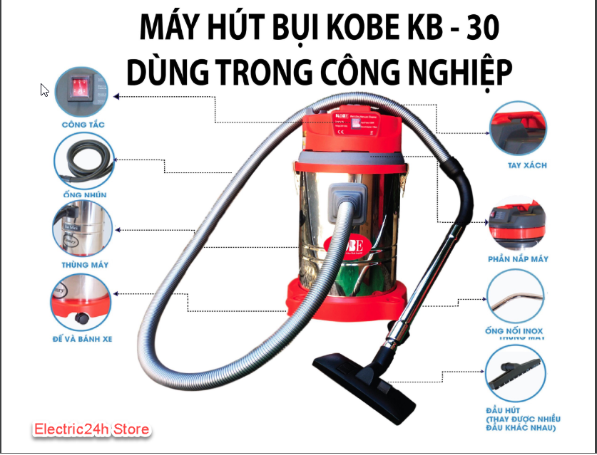 Máy hút bụi thùng inox thương hiệu kobe dung tích 30lit 1500w máy hút bụi công nghiệp công suất 1500w - electric24h