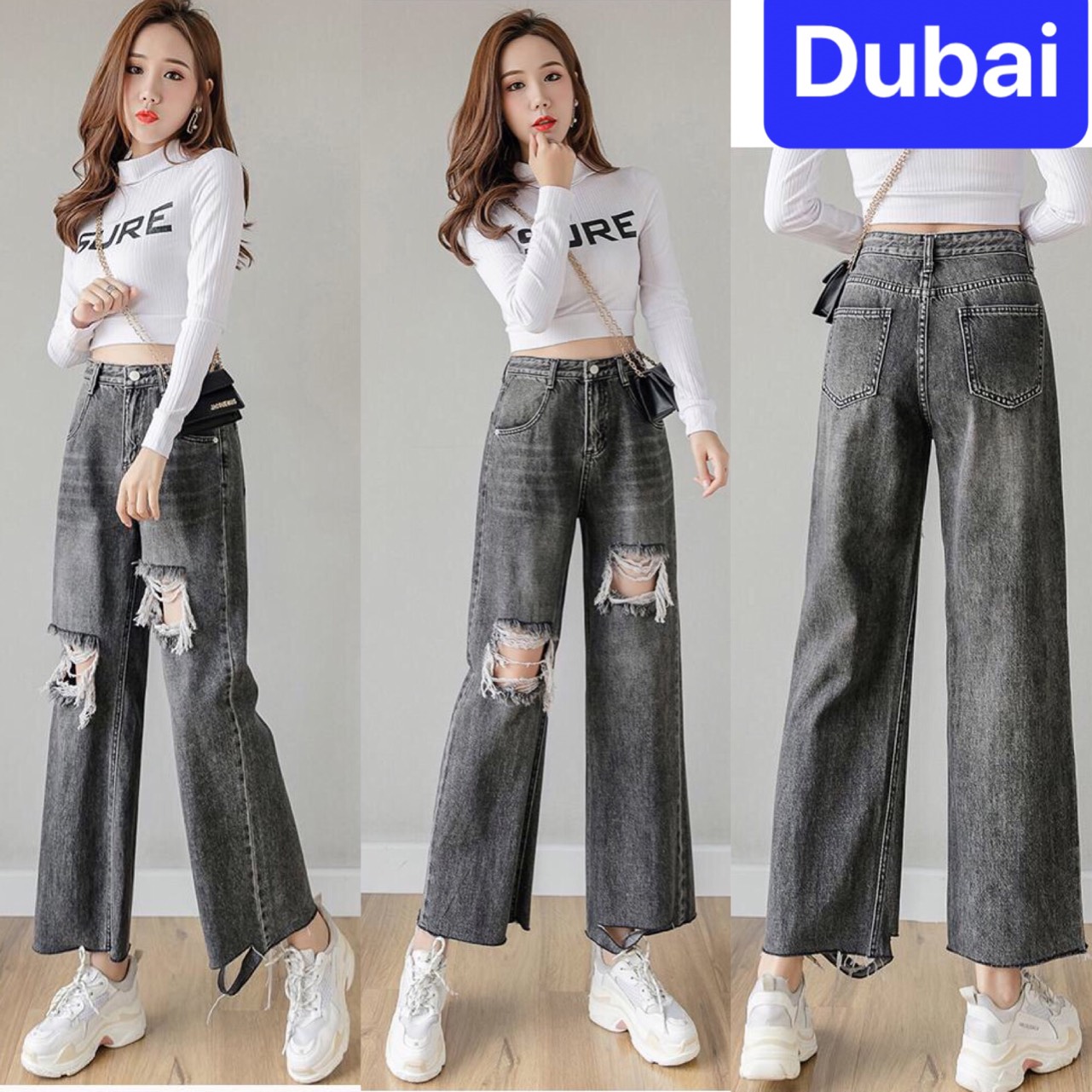 QUẦN BAGGY JEAN NỮ XÁM TRO CẠP RÁCH ỐNG RỘNG LOE LƯNG CAO NÂNG MÔNG NHẬT BẢN DB-102-  CAO CẤP - DUBAI FASHION