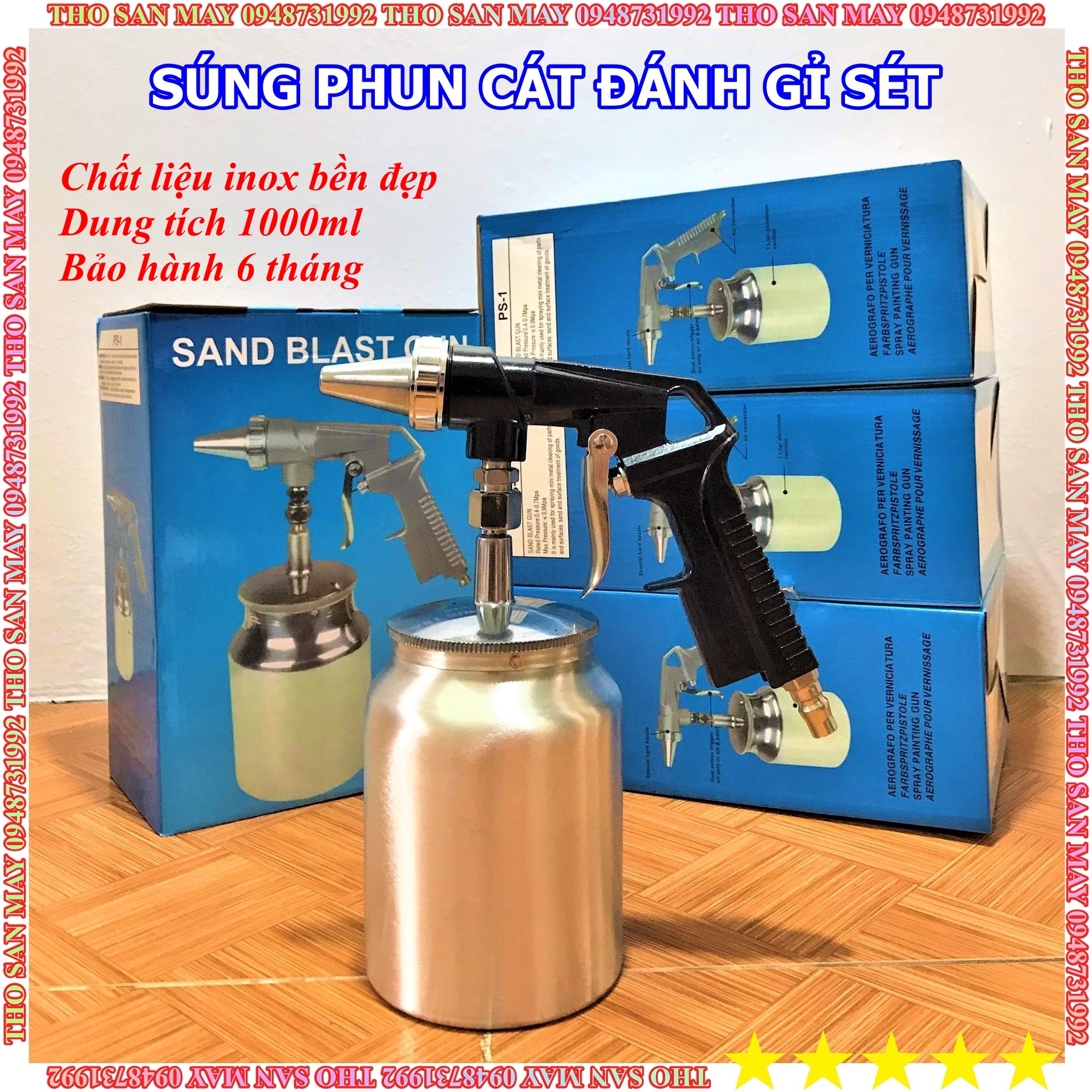 Sung phun cát có bình chứa inox 1000ml - sung phun cát cầm tay - thợ săn máy ngon