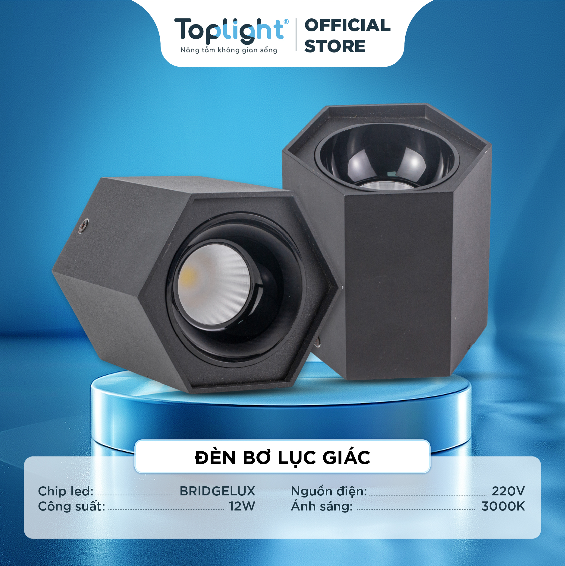 ĐÈN LED ỐNG BƠ LỤC GIÁC 1 ĐÈN BƠ LỤC GIÁC 12W TOPLIGHT (VỎ MÀU ĐEN - TRẮNG)