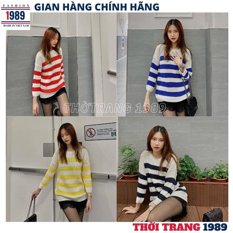 Áo len nữ kẻ ngang hàn quốc -áo len nữ , áo kiểu nữ , áo len móc ,áo thun nữ kẻ , áo len phom rộng dấu quần , áo kute dễ thương -THỜI TRANG 1989