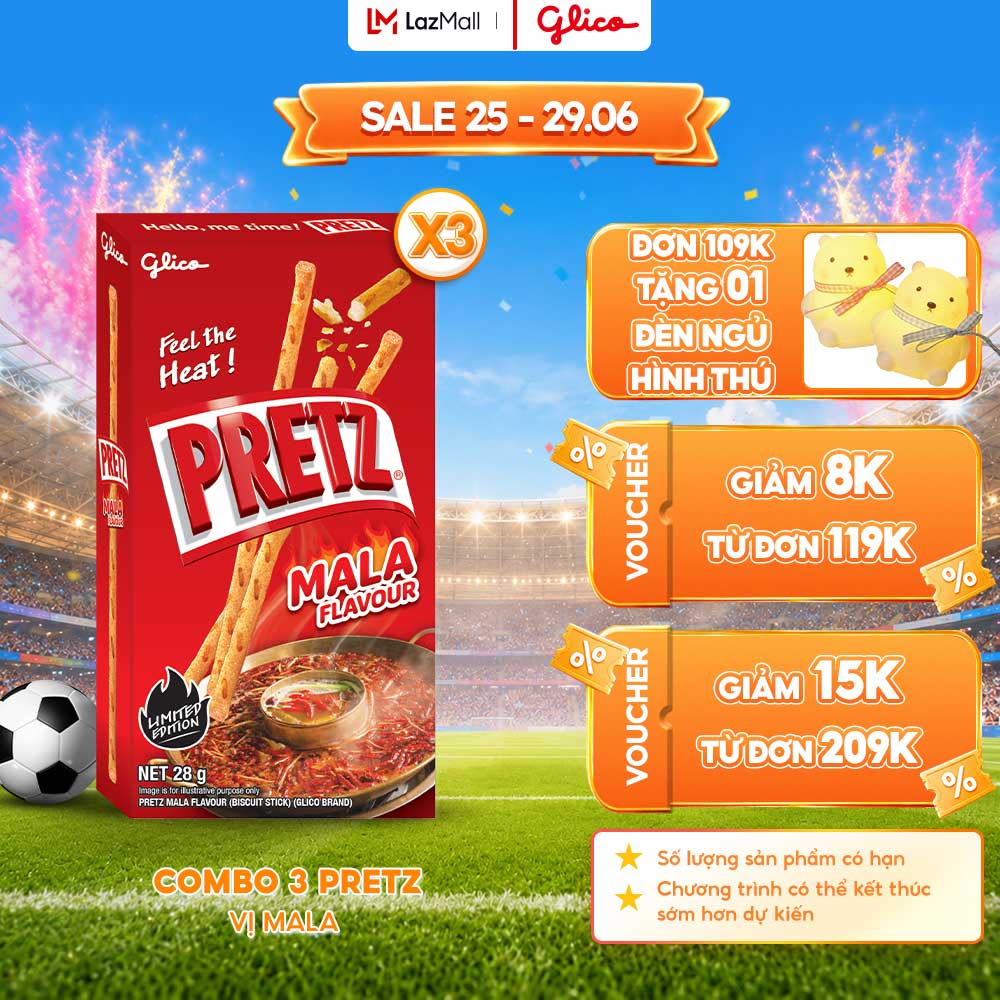 Combo 3 Hộp Bánh Que Snack Nướng Giòn PRETZ Vị MALA - 28G/Hộp