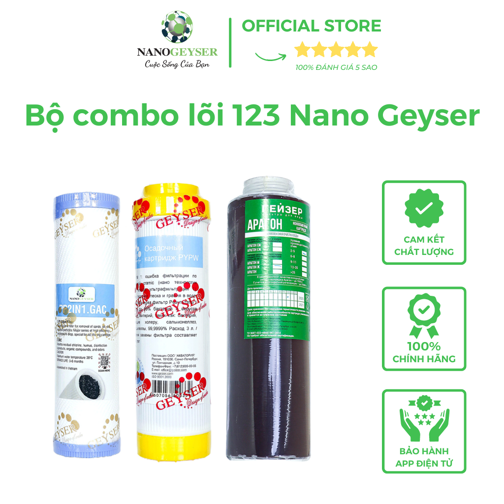 Bộ combo lõi 123 Nano Geyser ( lõi 2in1, lõi cation, lõi aragon ) dùng cho dòng máy nano geyser eco 8, nano geyser TK 8, hàng chính hãng