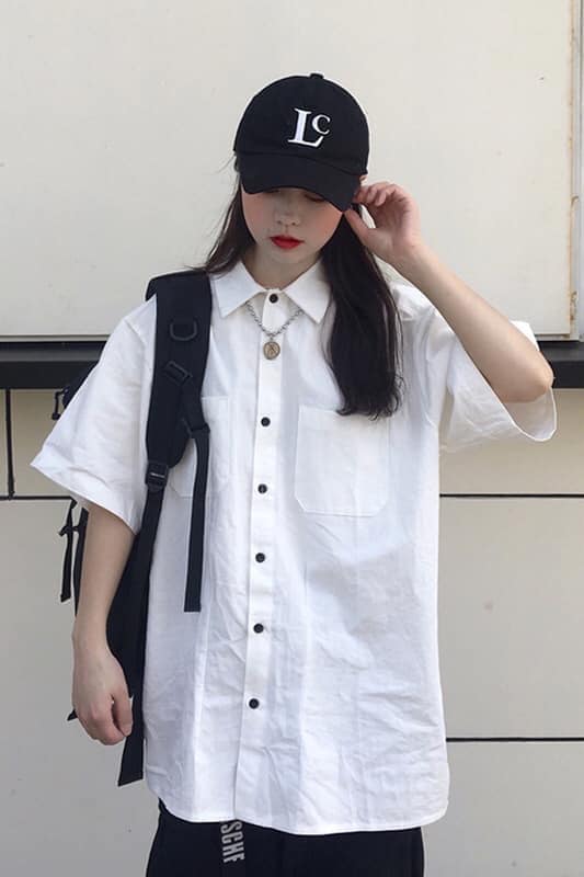 ( ẢNH THẬT) ÁO SƠ MI TRẮNG CỘC TAY TRƠN 2 TÚI VUÔNG THỜI TRANG HÀN QUỐC, AMEIA