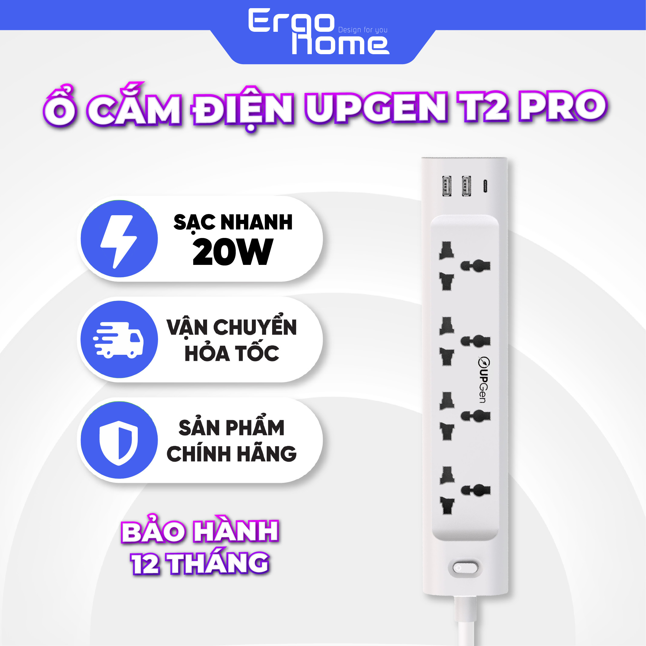 Ô cắm điện đa năng UPGEN T2 PRO có cổng sạc USB và cổng Type C sạc nhanh 20W cho điện thoại. 4 ổ cắm chịu tải 2500W/ dây