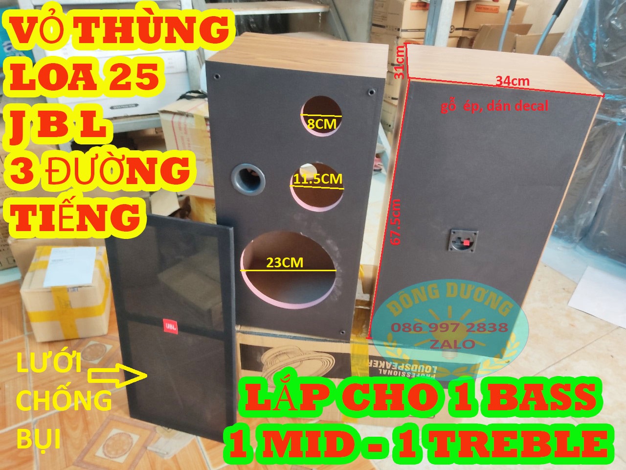 VỎ THÙNG 25 JB L 3 ĐƯỜNG TIẾNG - LẮP 1 BASS 1 MID 1 TREBLE - VỎ THÙNG 3 LOA - GIÁ 1 CÁI