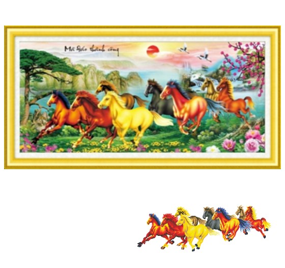 TRANH ĐÍNH ĐÁ 8 con ngựa Mã Đáo Thành Công chạy trên cỏ LV336 |120x60cm| - Chưa đính