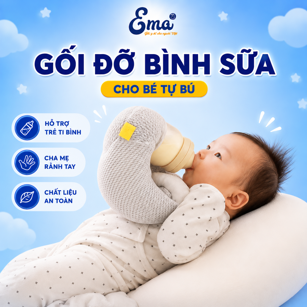Gối đỡ bình sữa EMA - Bé thoải mái tự bú, mẹ rảnh tay