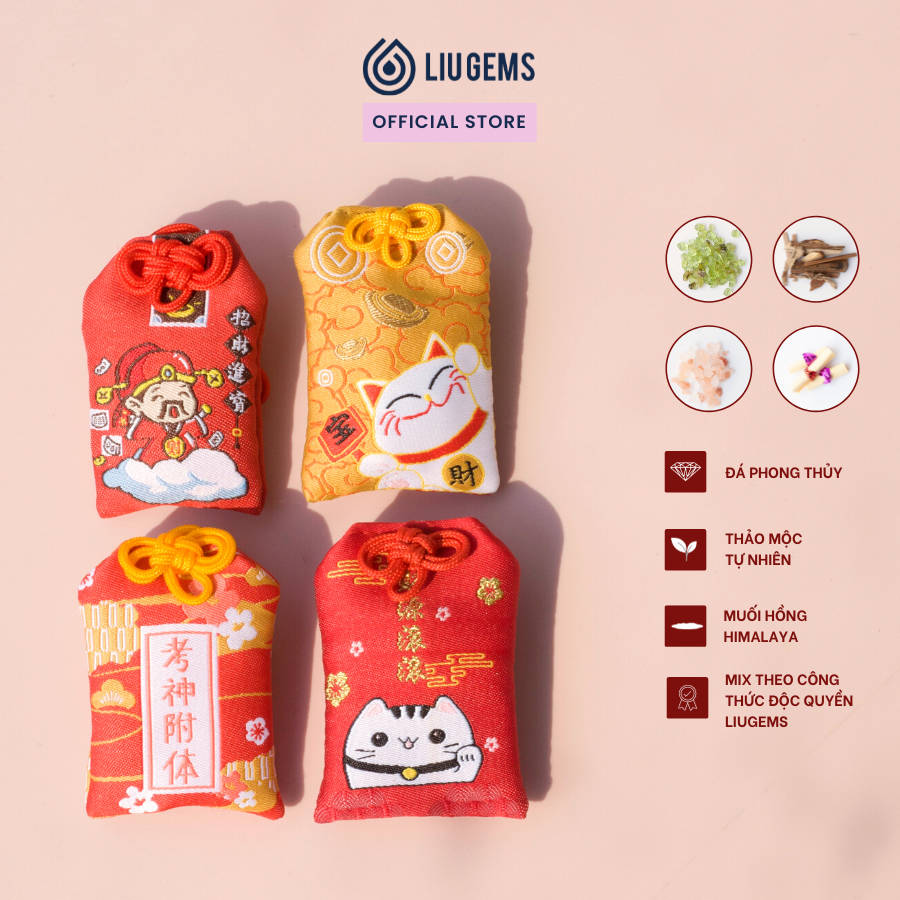 Túi Phước May Mắn Omamori Liugems Đeo Bên Người, Mix Đá, Thảo Mộc, Muối Hồng Himalaya Mang Tài Lộc, Tình Yêu PK01