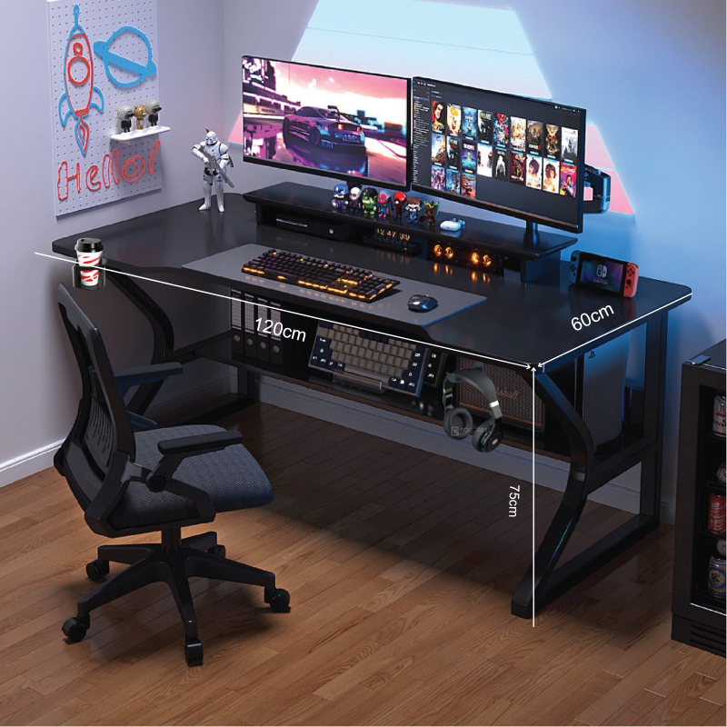 Bàn làm việc, Bàn Chơi Game có kệ sách, mặt bàn cắt CNC, chân chữ K uốn cong phong cách hiện đại