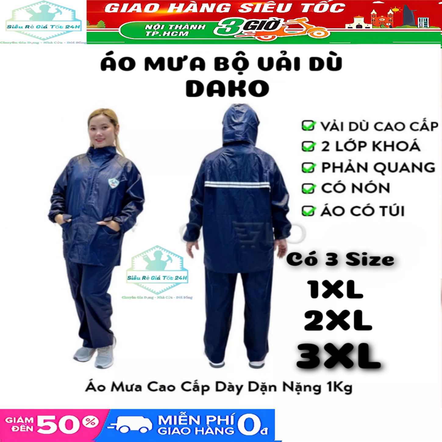 Áo Mưa Bộ Cao Cấp Vải Dù Dày Nặng 1kg - Có dây phản quang.Chống Nước Tuyệt Đối ( Gồm Áo + Quần + Nón )
