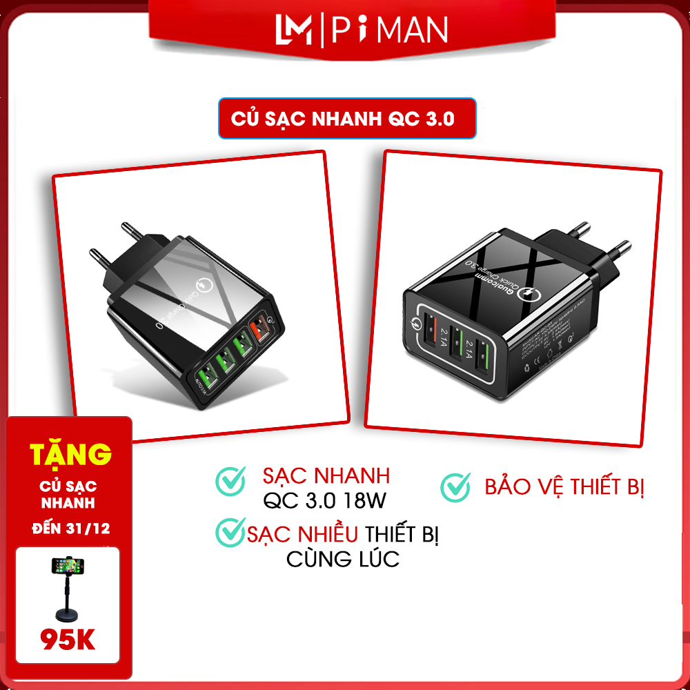 Củ Sạc Nhanh Piman Chuẩn Quick Charge 3.0 18W - Củ sạc tích hợp mọi loại thiết bị và điện thoại Piman  P212CL