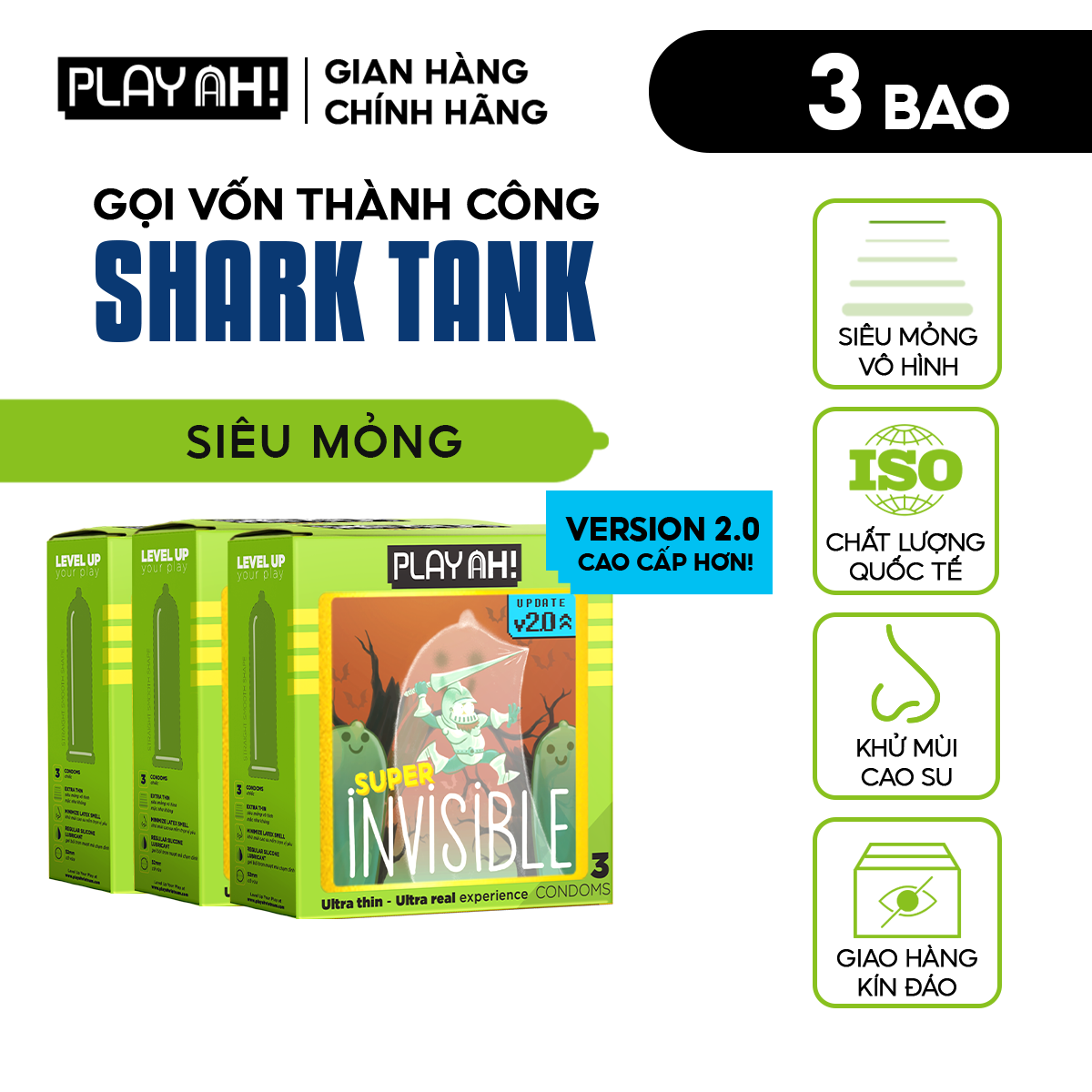  Combo 2 hộp  3 hộp Bao Cao Su PLAYAH Super Invisible Siêu Mỏng Hộp 3 52mm 