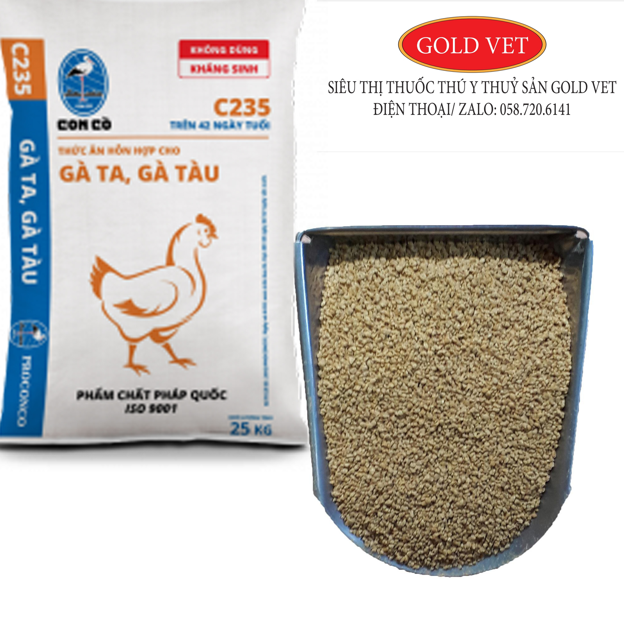 C235 ( 1 kg , 5 kg ) Cám hỗn hợp cho gà lớn, gà ta, gà tàu trên 42 ngày tuổi  ( Cám con cò)